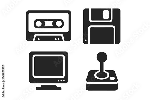 Vintage technology icons set featuring cassette tape floppy disk monitor and joystick