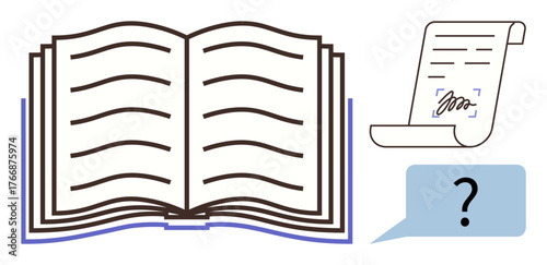 Open book with lined pages, signed document scroll, and question mark dialog bubble. Ideal for learning, education, inquiry, reading, research, curiosity and knowledge as a simple flat metaphor