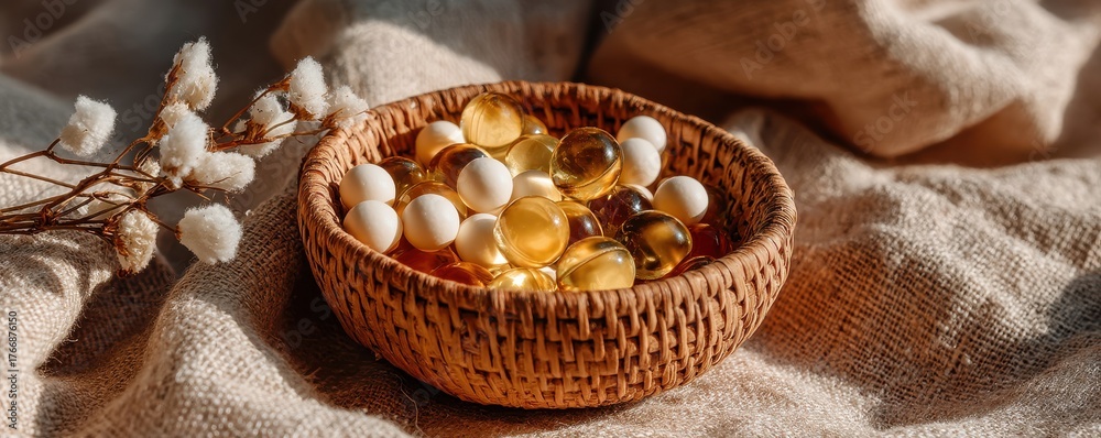 Fototapeta premium Natural supplements and vitamins in a woven basket placed on textured fabric