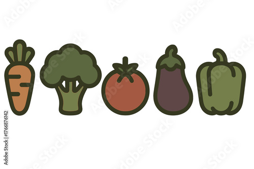 Stylized icons of fresh produce including carrot broccoli tomato eggplant and bell pepper arranged in a row