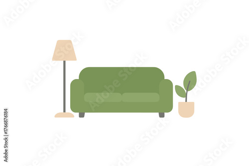 Minimalist interior design elements featuring a comfortable green couch, standing floor lamp, and potted houseplant