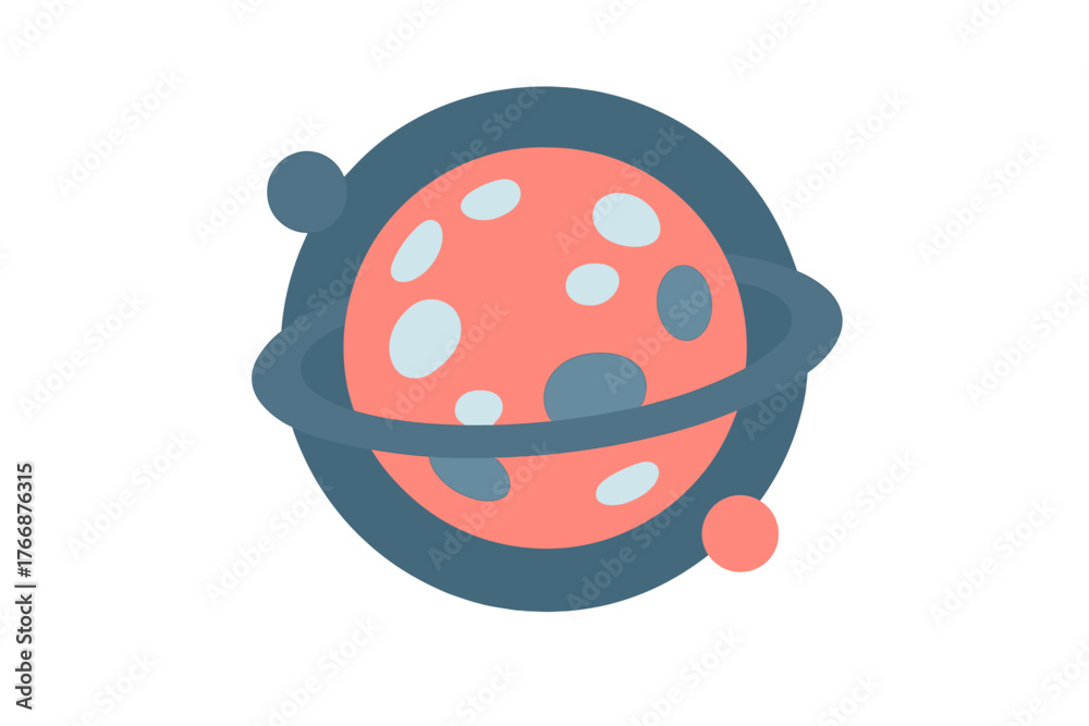 Fototapeta premium Stylized cosmic planet with prominent rings and multiple orbiting moons