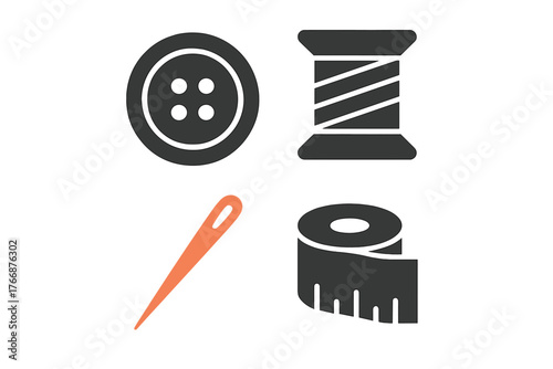 Essential sewing and tailoring tools set including button, thread spool, needle, and measuring tape