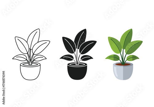 potted plant Vector Set in Three Styles — Line Art, Silhouette and Color Version for Kitchen Design Elements