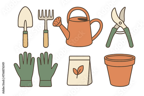 Essential gardening tools collection featuring a trowel, hand rake, watering can, gloves, and terracotta pot
