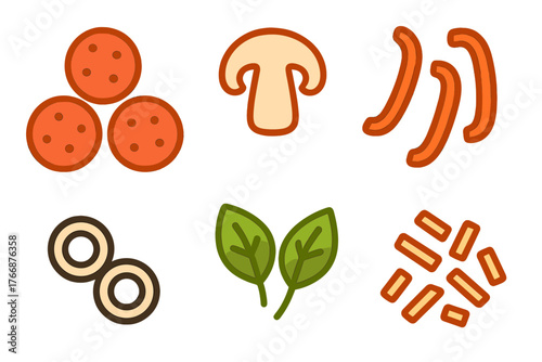 Assortment of essential pizza toppings including pepperoni, mushroom, onion rings, and fresh spinach