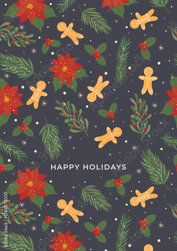 Happy Holidays Christmas card with a beautiful background of coniferous branches, gingerbread man, poinsettia in a trendy hand-painted style for greeting cards, posters, invitations, certificates