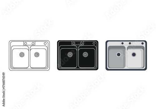 Kitchen Sink Vector Set in Three Styles — Line Art, Silhouette and Color Version for Kitchen Design Elements