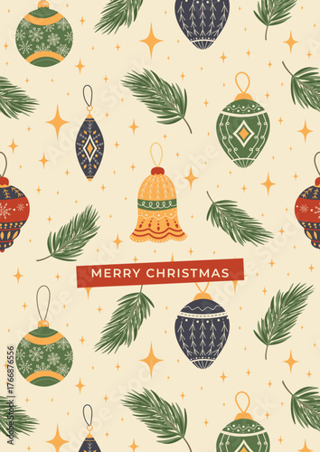 Merry Christmas card with a beautiful background of coniferous branches and hanging Christmas tree balls, hand-painted for greeting cards, posters, invitations, certificates, flyers