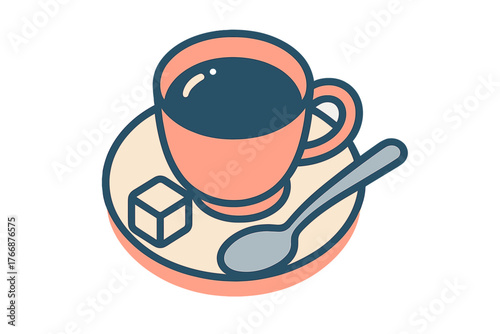 Stylized hot beverage cup on a saucer with a spoon and a sugar cube