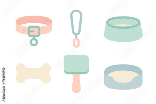 Pastel colored collection of essential accessories and supplies for domestic pets
