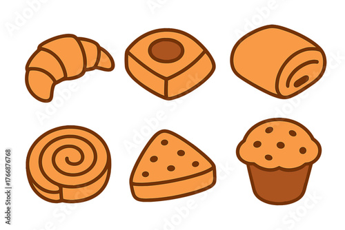 Assortment of popular sweet pastries including croissant cinnamon roll and muffin