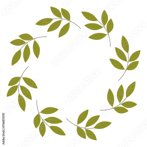 Flat style vector illustration of a round frame made of green leafy branches, ideal for natural designs, invitations, and botanical decor on a white background