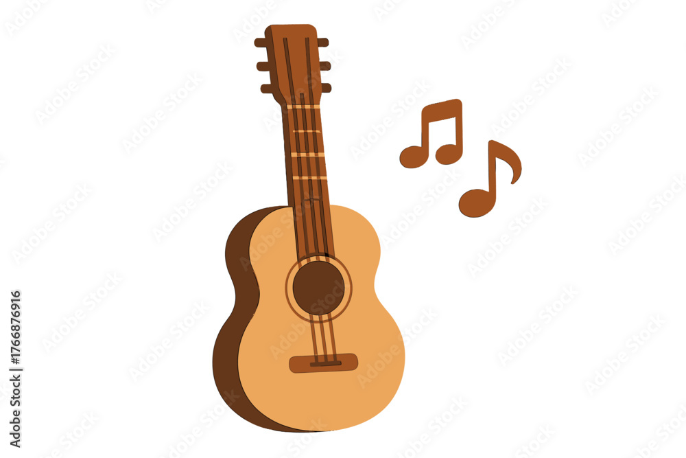 Obraz premium Classic wooden acoustic guitar instrument playing music and surrounded by floating musical notes