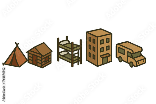 Diverse isometric accommodation options including tent, cabin, bunk beds, city building, and recreational vehicle