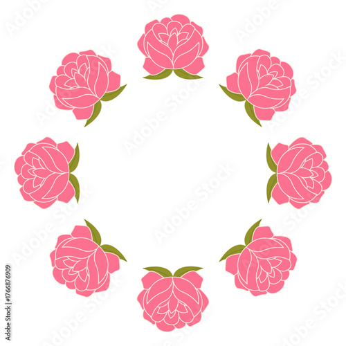 Flat style vector illustration of a round frame made of pink peony flowers, ideal for elegant designs, invitations, and floral decor on a white background.