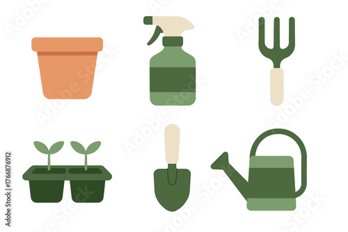 Minimalist gardening tools set including watering can and small plant sprouts