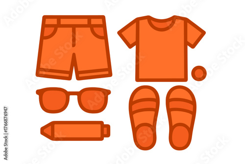 Collection of summer vacation beach items shorts t-shirt sunglasses sandals towel
