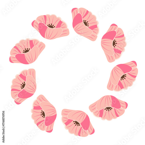 Flat style vector illustration of a round frame made of pink poppy flowers, ideal for elegant designs, invitations, and floral decor on a white background.