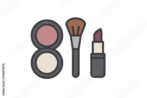 Set of cosmetic products including face powder, blush, makeup brush, and dark red lipstick
