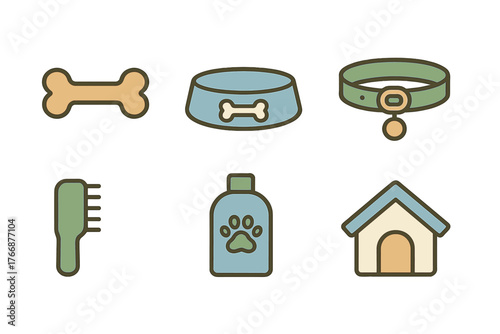 Essential dog care accessories and supplies set featuring bone, food bowl, collar, brush, and kennel icons