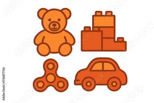 Classic and modern children's toys: teddy bear, building blocks, toy car, and fidget spinner