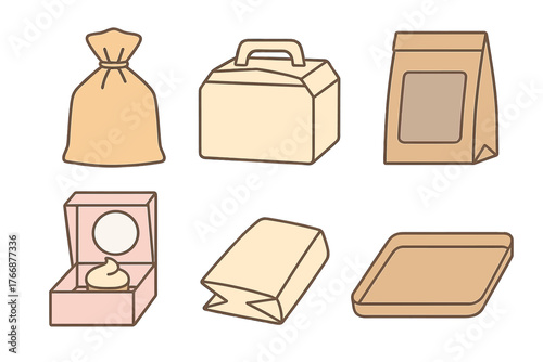 Assortment of brown and beige disposable containers for bakery and takeaway food