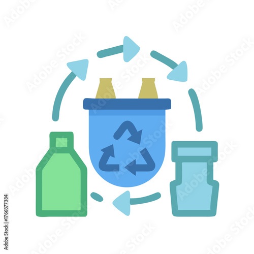 Vibrant flat lay illustration of recycling symbol and different recyclable containers