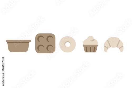 Collection of essential kitchen baking molds and popular sweet breakfast items including croissant, donut, and muffin