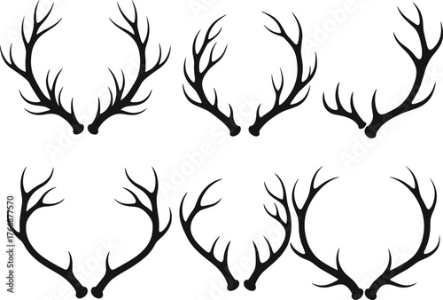 Deer antler silhouette collection, hunting wildlife vector set, stag horn shapes, rustic decorative elements, black flat cad drawing illustration