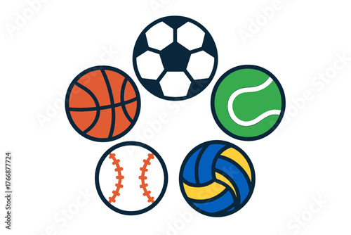 Circular arrangement of essential athletic equipment featuring five popular game balls