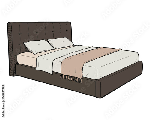 Elegant brown upholstered bed with pillows and throw blanket illustration