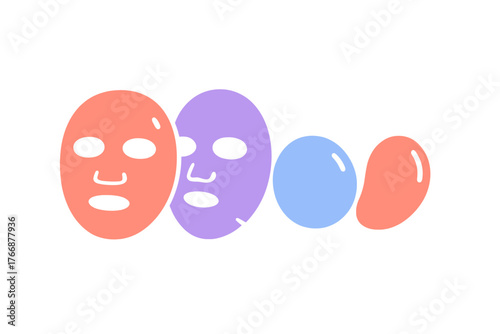 Minimalist graphic design featuring colorful facial sheet masks and abstract cosmetic product shapes