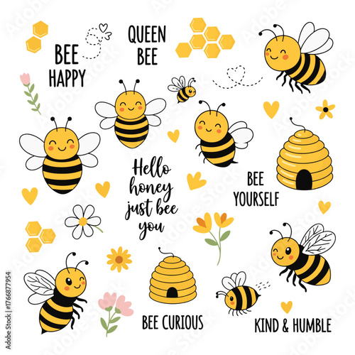 Cute bee illustrations with motivational phrases and honeycomb elements for spring and summer designs