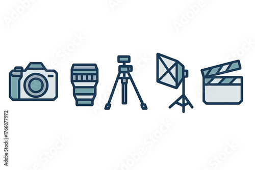 Professional photo and video production gear set with camera lens tripod and clapperboard