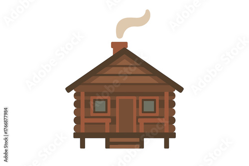 Cozy wooden log cabin with chimney and rising smoke isolated on white background