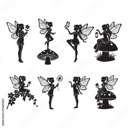 Collection of silhouetted fairies with wings dancing and posing on mushrooms and flowers