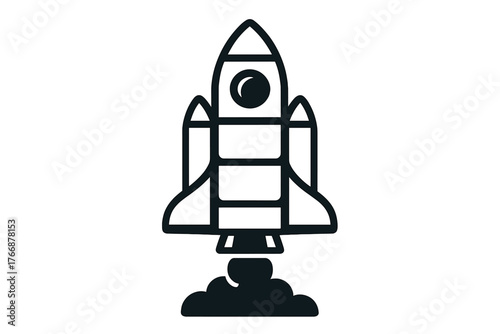 Simple black outline of a space shuttle taking off with exhaust smoke