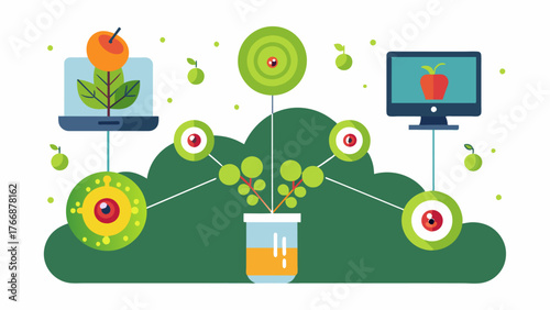 A computer vision system analyzes images of the vines and identifies which areas need more attention allowing for targeted actions such as fertilization or pest control.. Vector illustration