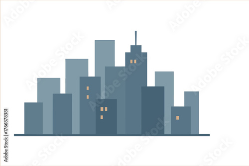 Stylized urban skyline silhouette featuring modern high-rise buildings and illuminated windows