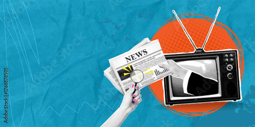A trendy halftone art collage. A hand emerges from the TV and shows a newspaper. Another hand holds a magnifying glass to search for news. Fake news. Reading information online.Vector illustration
