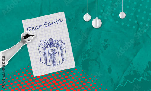 A creative halftone collage featuring a hand writing a letter to Santa Claus on a piece of grid paper with a gift box drawn on it. Perfect for a holiday or fun party.