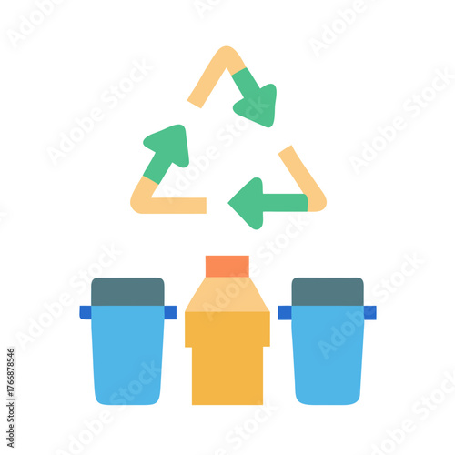 Flat vector illustration of recycle symbol and colored trash cans on black