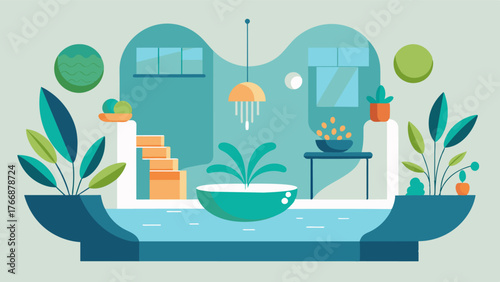 A biophilic design environment with natural elements such as water features indoor plants and natural lighting to reduce stress and promote brain health in older adults.. Vector illustration