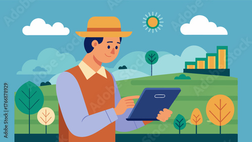 A farmer using a tablet to access a dashboard displaying realtime yield data of their entire farm allowing them to make informed decisions for future planning.. Vector illustration