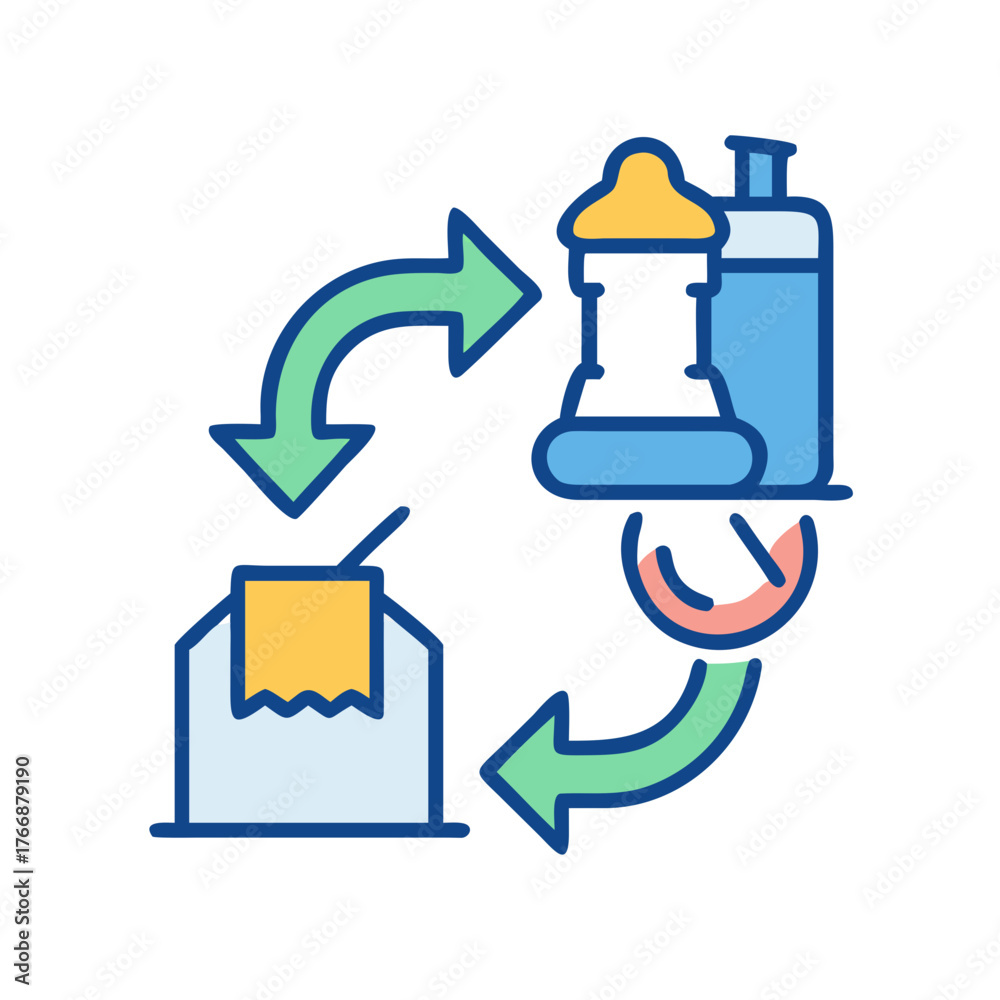 Obraz premium Graphic illustration showing a recycling process with bottles, package, and arrows on black