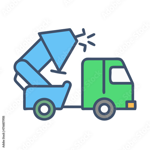 Vector icon of a concrete pump truck on black background, outlined.