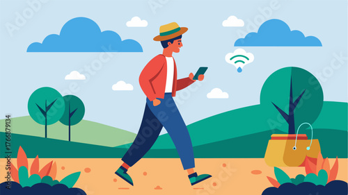 A farmer checks their smartphone while walking through their field receiving realtime alerts and data updates from their cloudbased farming app.. Vector illustration