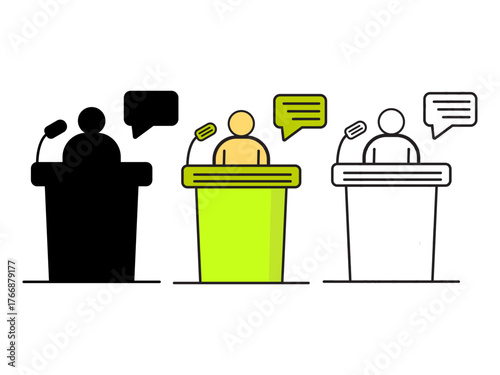 Public Speaking Illustration Set — Speaker at Podium with Microphone and Speech Bubble Icons