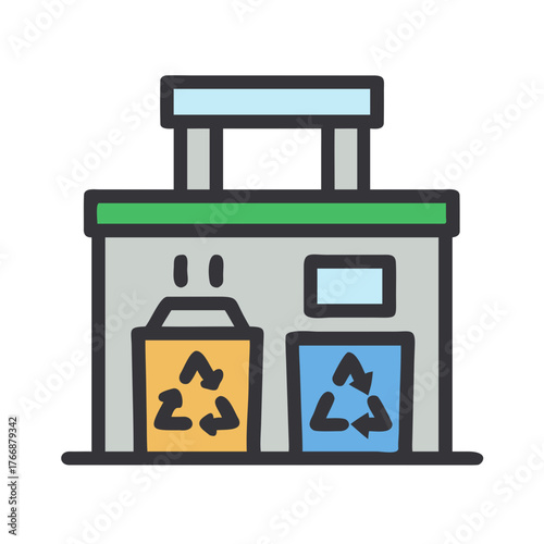 Icon style image of a recycling depot with yellow and blue containers
